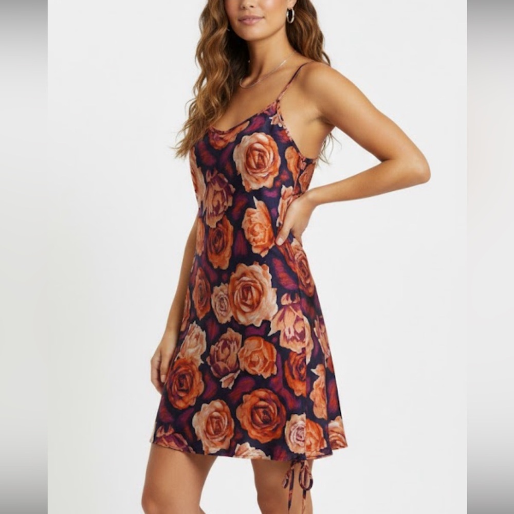 La vie en rose size small orange purple satin floral print mini dress adjustable